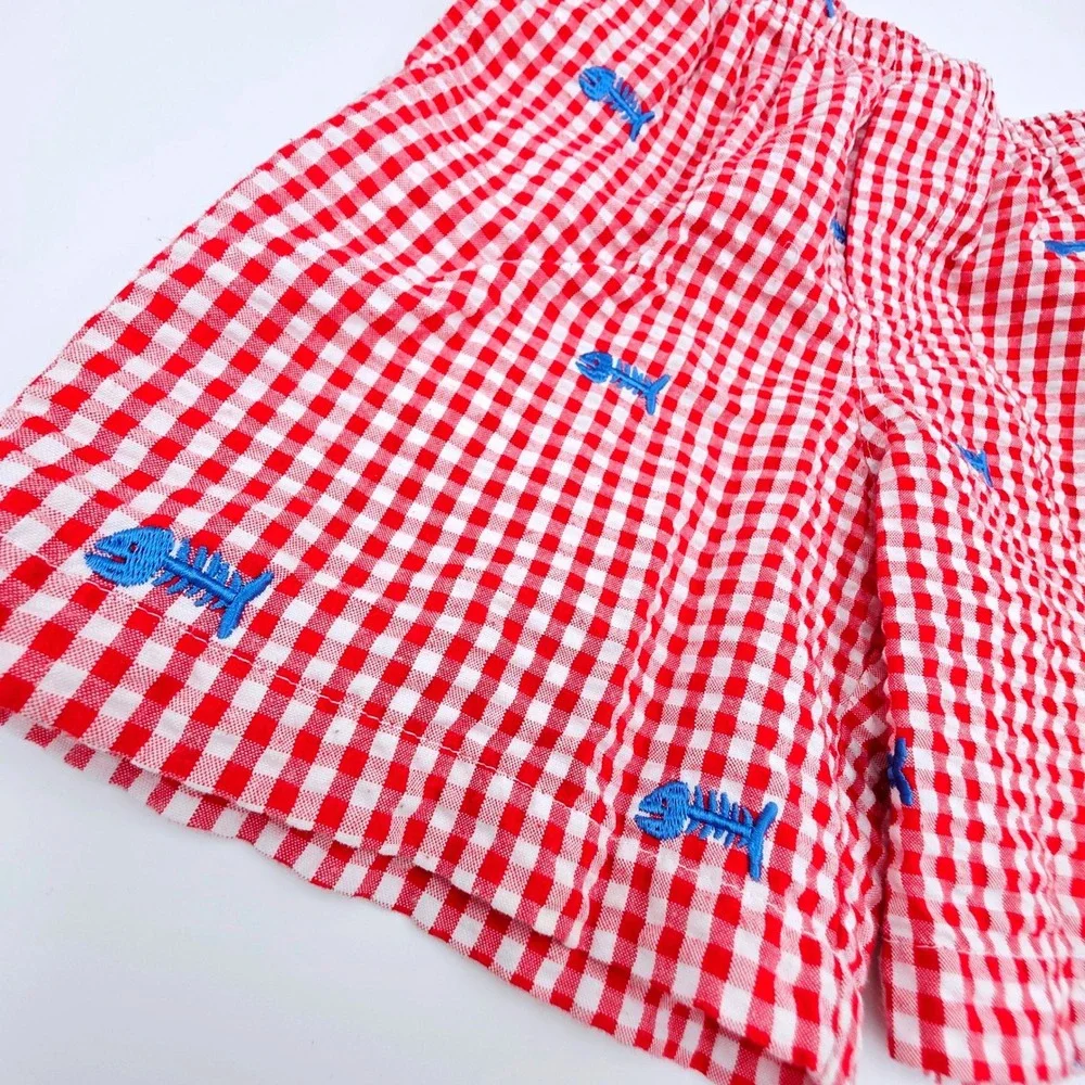 Kellys Kids Boys Red Gingham Fish Skeleton Embroidered Shorts Size 3-4 Elastic